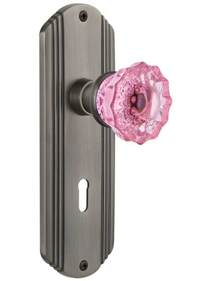 Streamline Deco Mortise Lock Set with Colored Fluted Crystal Glass Knobs Pink in Antique Pewter.